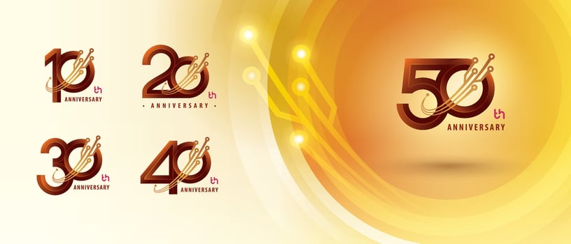 10, 20, 30, 40, 50 year Anniversary Logo, Ten to Fifty years Anniversary Logotype for Celebration, Abstract Connected Curved lines and dots Circuit Board vector