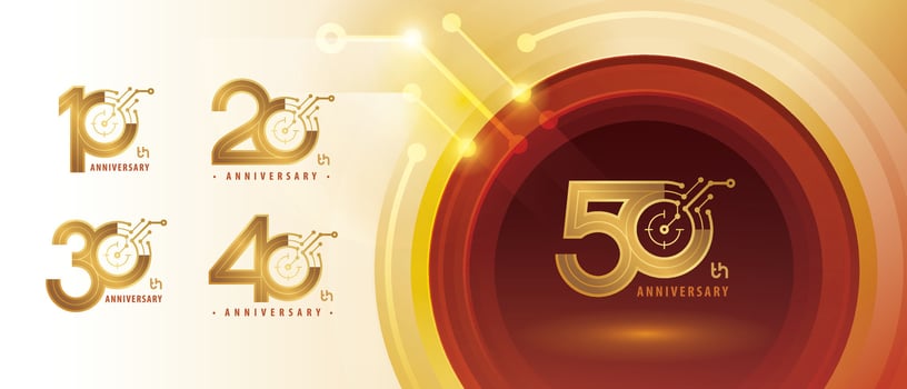 10, 20, 30, 40, 50 year Anniversary Logo, Ten to Fifty years Anniversary Logotype for Celebration, Abstract Connected Golden lines and dots Circuit Board vector