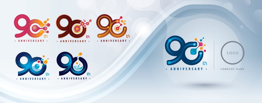Set of 90th Anniversary logotype design, Ninety years Celebrate Logo for celebration, Abstract Molecule structure Connected. Chemistry Science vector