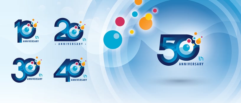 10, 20, 30, 40, 50 year Anniversary logo design, Ten to Fifty years Anniversary Logo for Celebration, Colorful Atom Molecule structure particle vector