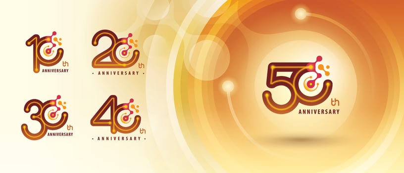 10, 20, 30, 40, 50 year Anniversary logo design, Ten to Fifty years Anniversary Logo for Celebration, Abstract Red Atoms Molecule structure particle vector