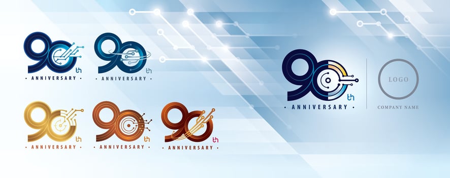 Set of 90th Anniversary logotype design, Ninety years Celebrate Anniversary Logo for celebration, Abstract Connected lines and dot Circuit Board vector