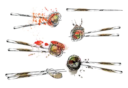 Japanese food sushi rolls on chopsticks with raw fish salmon unagi tuna shrimp, california philadelphia alaska, hand drawn in watercolor, ink. Set of elements for restaurant, cafe menu, recipe book vector