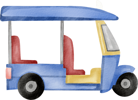 A watercolor drawing of a small blue and yellow tuk tuk png