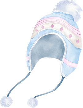 A watercolor illustration of a blue hat with pink and white pom poms png