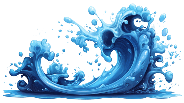 A whimsical blue water splash illustration showing a wave png
