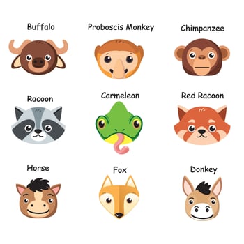 Cute and simple animal head icon pack. Fun set for digital designs vector
