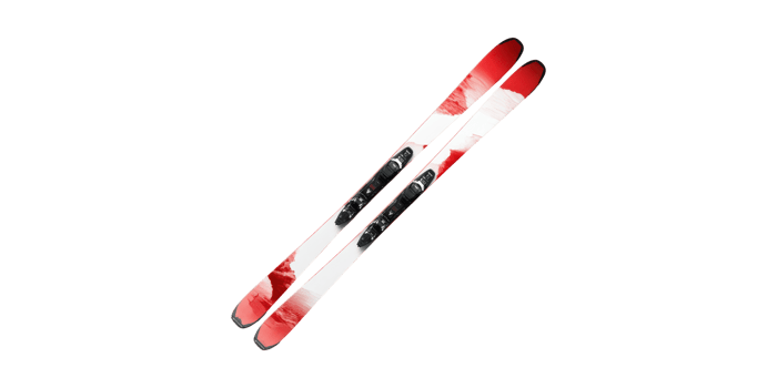 Red and white skis with black bindings isolated on transparent background png