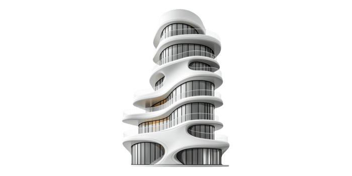 Modern curved glass building isolated on transparent background png