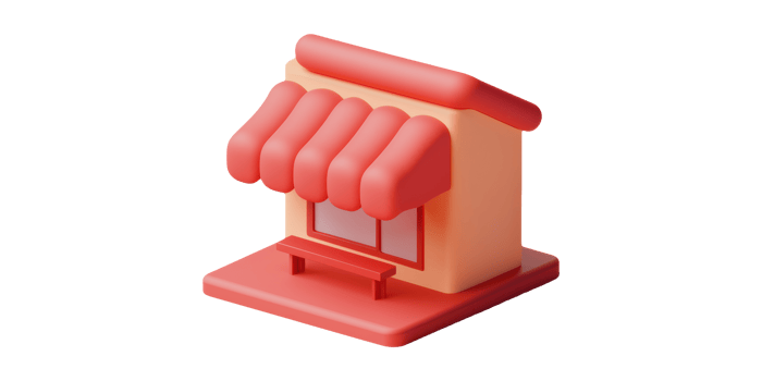 Small 3d storefront building with awning isolated on transparent background png