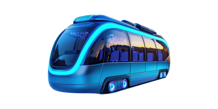 Futuristic electric bus with blue neon lights isolated on transparent background png