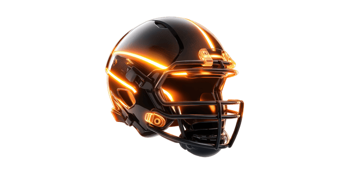 Futuristic black football helmet with orange neon lights isolated on transparent background png
