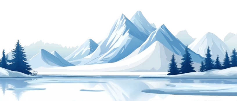 Serene Winter Landscape Featuring Snow Capped Mountains and Frozen Lake png