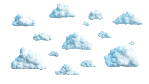 Fluffy white clouds float against a black background png