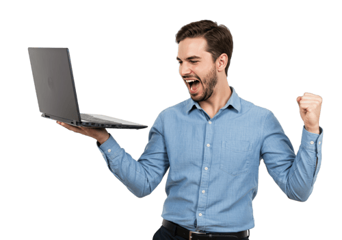 A joyful man celebrates a laptop screen success with a raised fist Perfect for illustrating online business wins or achieving goals png
