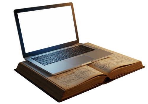 A modern laptop rests on an open antique book symbolizing the blend of old and new in education Perfect for educational websites and presentations png