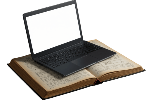 A modern laptop rests on an antique book showcasing a blend of old and new Perfect for education technology and history websites png