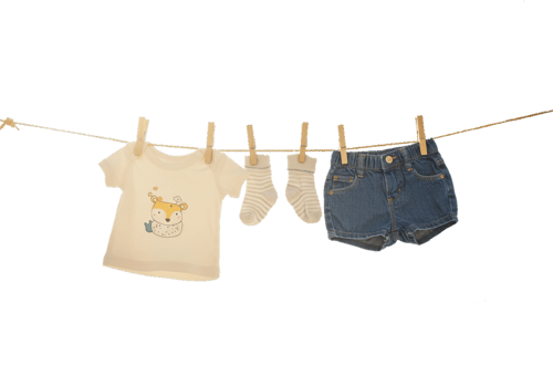 Sweet baby clothes hanging on a clothesline outdoors, including a cute shirt, denim shorts, and socks. Perfect for baby shower announcements or nursery decor png