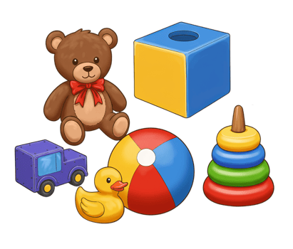 Cute illustration of a teddy bear beach ball stacking toy and rubber duck perfect for children's books websites and nursery decorations png