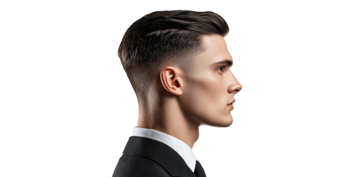 Profile view of young man wearing suit isolated on transparent background png