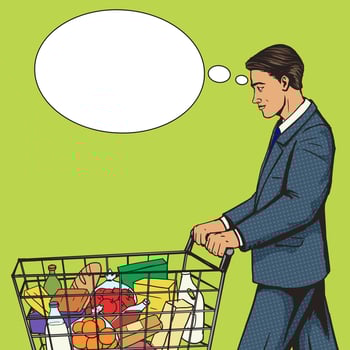 Businessman with shopping cart in market pop art style illustration. Human illustration. Comic book style imitation. Vintage retro style. Conceptual illustration vector