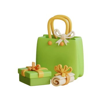A green bag with a bow and gift boxes png