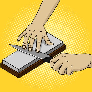 Man sharpen knife pop art style illustration. Comic book style imitation. Vintage retro style. Conceptual illustration vector