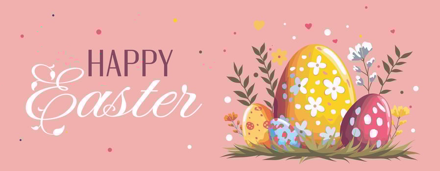 Happy Easter, horizontal flat illustration. Easter eggs with different patterns surrounded by nature and decorative elements on a pink background. For design of postcards, website vector