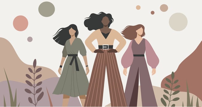 March 8. Women's Day. Equality Day. Illustration in pastel beige colors. Women of different skin colors stand together and look forward. Feminism. Gender equality and women's empowerment vector