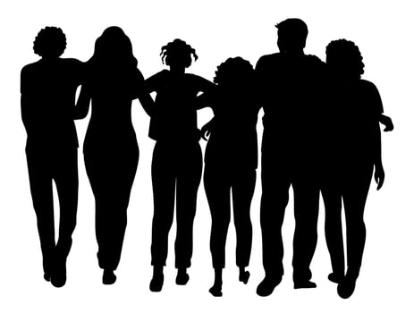 Silhouette of team of men and women hugging. Crowd of people from behind, friends, community vector