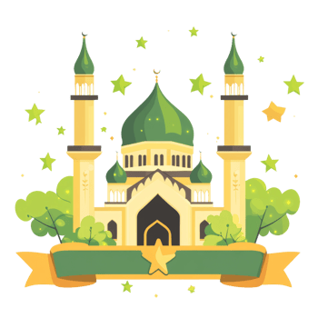 Majestic Mosque with Green Domes and Minarets png