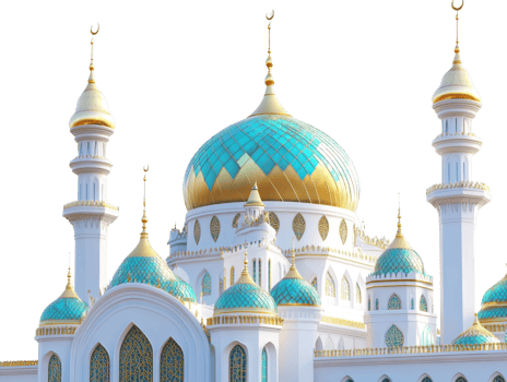 Majestic Mosque Architecture Featuring Turquoise Domes and Golden Accents png