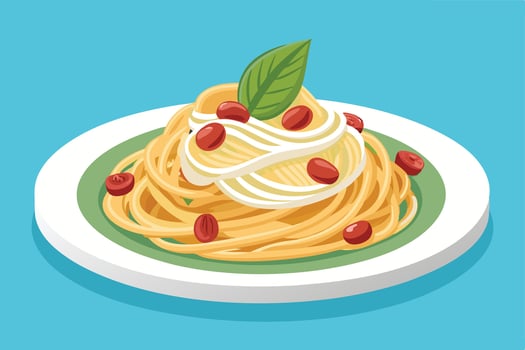 Delicious pasta dish with basil and cherry tomatoes, ready to eat. vector