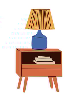 Wooden nightstand. Wood nigh stand, bedside table icon. Hardwood furniture, woodwork with lamp and books in modern trendy retro style vector
