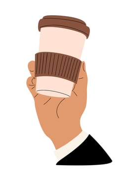 Hand holding takeaway paper cup with coffee. Takeout tea mug. Businessman in suit drinking hot beverage, espresso, americano vector