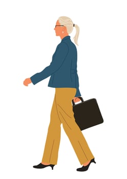 Businesswoman walking with briefcase. Attractive blonde business woman in smart casual office outfit side view. vector