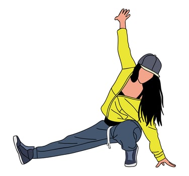 Girl dancing street dance in urban hip hop style. Black woman Dancer jumping and dancing break dance. Female African american Cartoon character vector