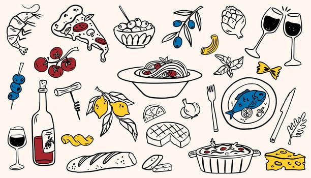 Mediterranean food set. Minimalist hand drawn food and drinks collection. Set of doodles, rough simple Italian cuisine food sketches. illustration isolated vector