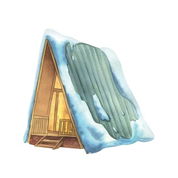 Triangular wooden houses for outdoor recreation A-frame with burning light in windows, cozy with snowy roofs. Watercolor winter illustration hand drawn. Separate element isolated from background. vector