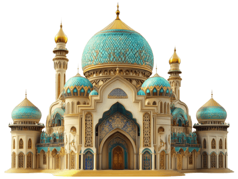 Majestic Mosque Architectural Design Blue Gold Domes png