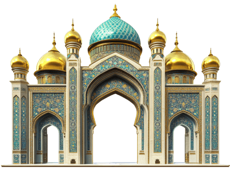 Ornate Islamic Archway with Golden Domes and Teal Tiles png