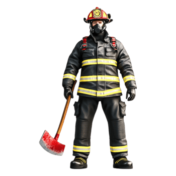 Brave firefighter with a axe wearing protective gear and mask png