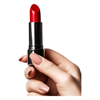 Close-Up of Hand Holding Red Lipstick with Neutral Nails png