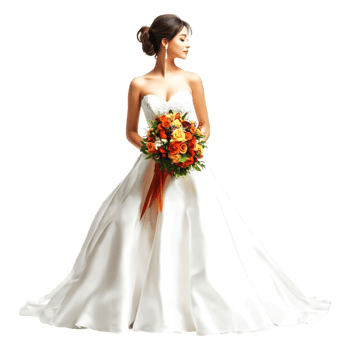 Elegant Bride in Stunning White Dress Holding Floral Bouquet png