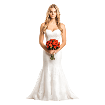Bride in Elegant Wedding Dress Holding Bouquet of Red Roses png