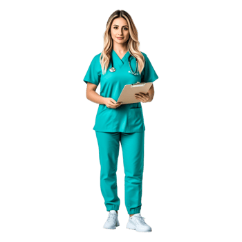 Professional Female Nurse in Scrubs Holding Clipboard and Smiling png