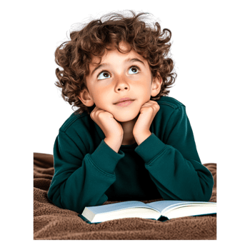 Curious Child Daydreaming While Reading a Book on Soft Blanket png