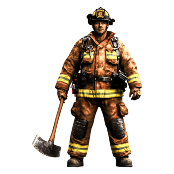 Brave Firefighter Holding an Axe in Protective Gear and Helmet png