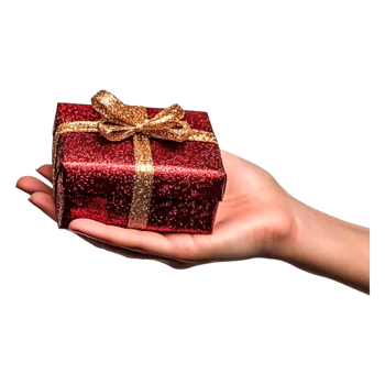 Hand Holding a Glittery Red Gift Box with Golden Ribbon Decoration png
