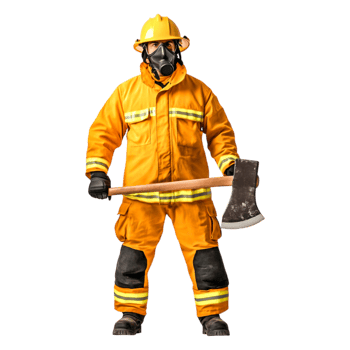 Firefighter in Protective Gear with Axe Ready for Action png